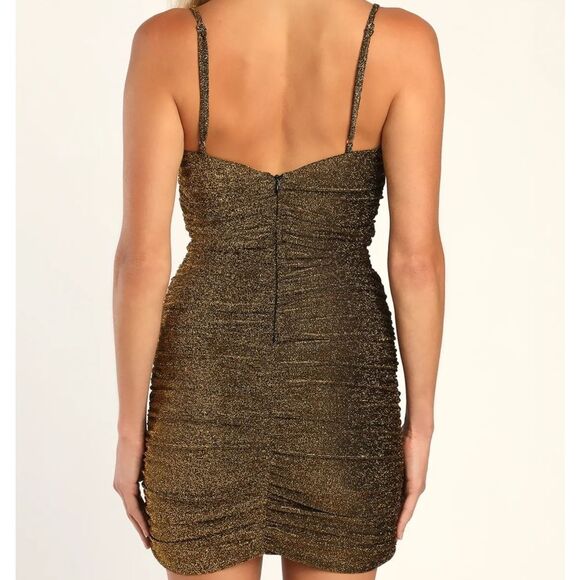 🆕️👗Lulus Gold Metallic  Ruched Bodycon Mini Dress, Sz Small - Picture 5 of 9